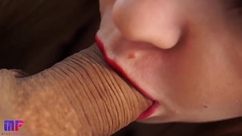 Preview 2 of Xxx Yarn - Gentle blowjob with red lips close-up,  big cumshot