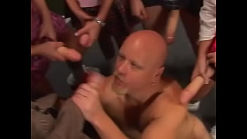 Preview 1 of Sara Hat - Bald pierced stud gets his asshole fucked by five sexy strapon wearing bitches