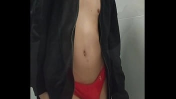 Preview 2 of Xxxx Animals And Man - Femboy tirando fotos de calcinha vermelha no banheiro