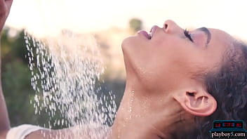Preview 4 of Nepali Girl Foot Lick And Sex - Tiny ebony teen model Scarlit Scandal enjoying a bath outdoor on a patio