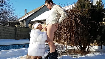 Preview 2 of Housekeeper Wife Sex - Hot fuck in the cold snow: blowjob,  reverse cowgirl,  doggystyle and pussy creampie in the fur coat