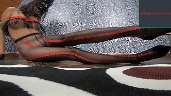 Preview 1 of Leggings Pvc - Adriana Lima teen riding big dildo wearing pantyhose