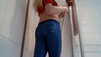 Preview 2 of Blood Analy Xxx - Clothed Sissy Femboy Takes Shower