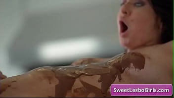 Preview 3 of Sani Liyoni Poran Moves - Teen naughty lesbian girls Serena Blair,  Leda Lotharia covered in chocolate finger fuck and eat pussy on the kitchen counter