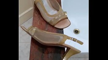 Preview 2 of Classic 3some - Cumming on D&#039_Alessandro beige clear peep-toe slingback low heels. Yum