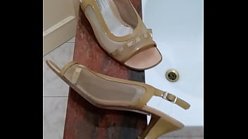 Preview 3 of Classic 3some - Cumming on D&#039_Alessandro beige clear peep-toe slingback low heels. Yum
