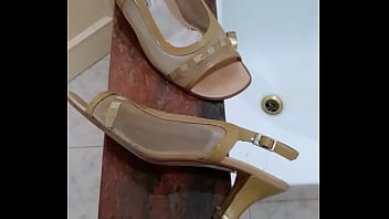 Preview 1 of Classic 3some - Cumming on D&#039_Alessandro beige clear peep-toe slingback low heels. Yum