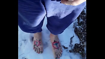 Preview 1 of Cindy Gold At Euro Hot Babes - Another attempt at filming pissing my light sweat pants while walking in snow barefoot