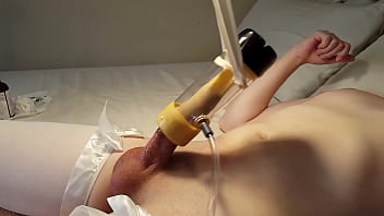 Preview 1 of Sloppy Lady - Adorable Teen Femboy is Gently Milked by Milking Machine and Cums Deep Inside Venus Milking Receiver While Wearing Sexy White Thighhigh Stockings