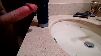 Preview 2 of Cheating Quick Fuck - Jerking Lubed Cock With Hand and Fleshlight in Bathroom
