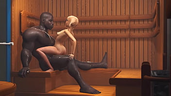 Preview 3 of Kendra Bos - Virgin nerdy girl in glasses gets fucked by a black big cock in sauna