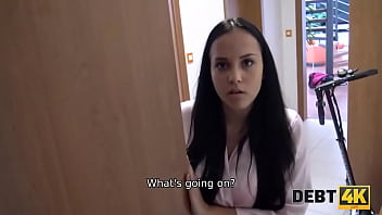 Preview 1 of Rihanaa Rimes - DEBT4k. Lovely dark-haired girl tastes boner of debt collector