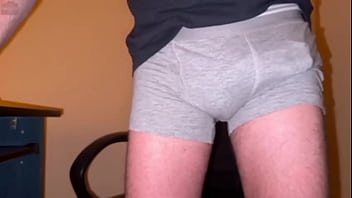 Preview 1 of Hairy Lesbian Submission - Embarrassed Guy Moaning while Cumming Hands Free in Underwear and Dirty Talking