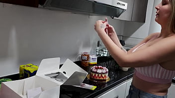 Preview 1 of Tiny Teen First Messy Facial - Stepson fucks STEPMOM in the ass on his birthday