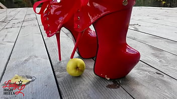 Preview 3 of Xxx Rape Mom Son Bathroom - Lady L crush apples with extreme sexy red boots.