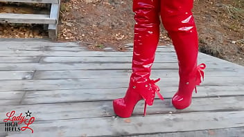 Preview 1 of Xxx Rape Mom Son Bathroom - Lady L crush apples with extreme sexy red boots.