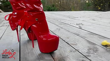 Preview 4 of Xxx Rape Mom Son Bathroom - Lady L crush apples with extreme sexy red boots.