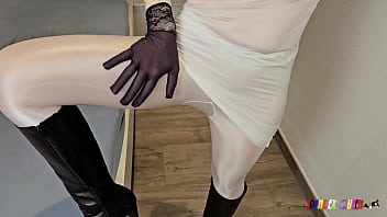 Preview 1 of Boss Fock His Married Employee - SpandexQueen sucks dick,  comes twice in her white spandex leggings and drains his balls on her mask