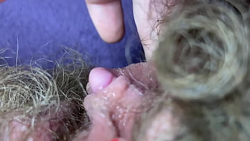 Preview 4 of Dildo Hiv - Testing Pussy licking clit licker toy big clitoris hairy pussy in extreme closeup masturbation