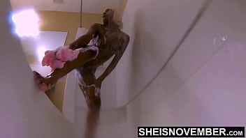 Preview 4 of Hot Pronster - HD Sexy Petite Busty Ebony Girl Sheisnovember Standing Bare Ass Naked While Washing Her Body With Hot Soap And Water,  Spreading Her Young Asshole And Shaved Pussy To Clean Her Dirty Brown Booty Anus Closeup Fetish By Msnovember