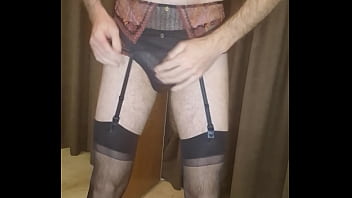 Preview 4 of Amigo Pollon - Crossdresser wearing Chantelle lingerie and masturbates in it.