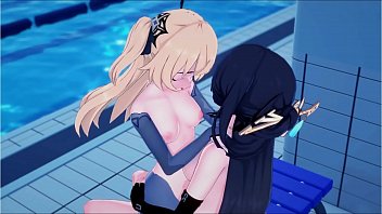 Preview 2 of Yvm Daphne 9 And Irina 12 - Genshin Impact - Beidou fucks Fischl at the pool with a strapon.