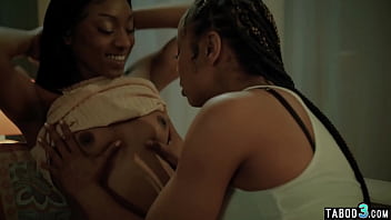 Preview 3 of Indian Village Girl Forced Rape - Ebony lesbian slut Sally Mae discovering a black cops Misty Stone shaved pussy
