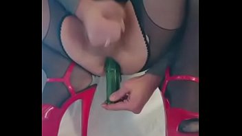 Preview 2 of Japanese With Text - Alexiasissyslut having great fun drilling her slutty ass hard with a courgette and coming on her fake sissy big tits