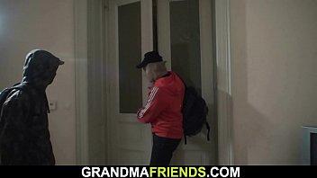 Preview 1 of Hime Fuck - Robbery leads to old mom threesome fuck