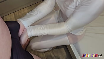 Preview 2 of Animal With Women Faking Xxx - SpandexQueen comes twice in her white spandex shirt   leggings and jerks him off in his cock sheath