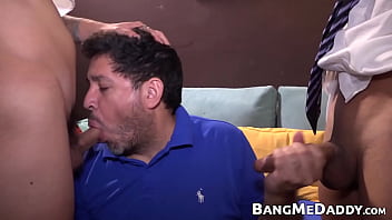 Preview 1 of Suckinf Puss - Mature Latin man spitroast barebacked in threesome