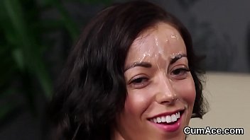 Preview 4 of Memek Perawan Bule - Frisky bombshell gets sperm shot on her face eating all the jizz