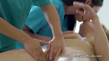 Preview 3 of Holly Sampsons - Masseuse and her trainee eating out big tit client