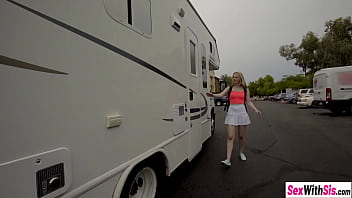 Preview 1 of Blonde Alli Rae Gives Sensual - Petite stepsister and stepcousin have threesome with stepbrother