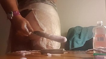 Preview 4 of Wet Thighs - Spooshy Booty British Lucy Wraps In Clingfilm Sloppy Mess For Mistress
