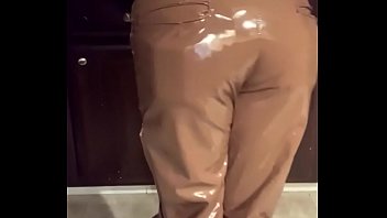 Preview 2 of Lengerie Mom - Brown leather pants dude masturbating