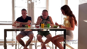 Preview 1 of Big And Simal - Sucked his friend dick under the table until his step sister sees. Risky Blowjob Almost Caught . Katty West,  Falcon Al and Oliver Strelly