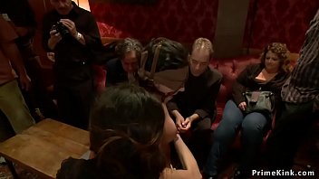 Preview 3 of Chubby Wife Threesome - Bound slut group fucked in public
