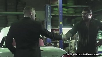 Preview 1 of 17 Anal - Swety inked mechanics feet worshiped by businessman hunk