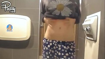 Preview 1 of Real Mom Teaches Son Sex - AMATEUR teen brunette masturbates to orgasm in the public toilet,  selfshot