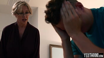 Preview 1 of Waxing Cum - Pervert stepson gets busty mature stepmom to suck and fuck him