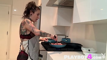 Preview 3 of Hare Lip - Tattooed horny MILF Joanna Angel put huge dildo in pussy after hot cooking