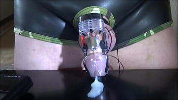 Preview 2 of Mature Small Empty Saggy - Estim e-stim cum sperm cock milking in chastity device