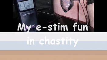 Preview 1 of Mature Small Empty Saggy - Estim e-stim cum sperm cock milking in chastity device