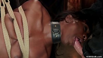 Preview 4 of Film Xxx Porno Dog - Gagged ebony slave fucked in threesome