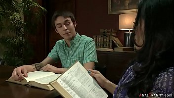 Preview 1 of Xxxxvibeo Hd - Shemale anal fucks young guy in library