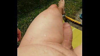 Preview 3 of Yoing Cock - Pissing on my leg in garden