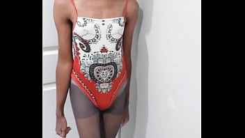 Preview 3 of Arab Gay Massage Saudi - Cute Lingerie Trans Sissy Girl puts on Leotard for first time after Orchiectomy Surgery,  poses sexy.