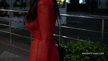 Preview 2 of American Vergin - Red transparent dress in public