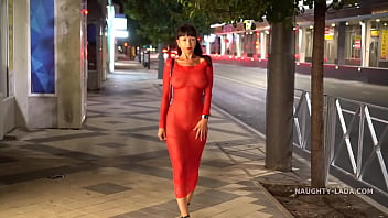 Preview 3 of American Vergin - Red transparent dress in public